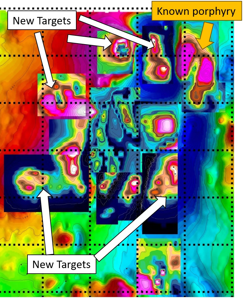 Same magnetics after CAGE-IN — known porphyry plus new ranked targets