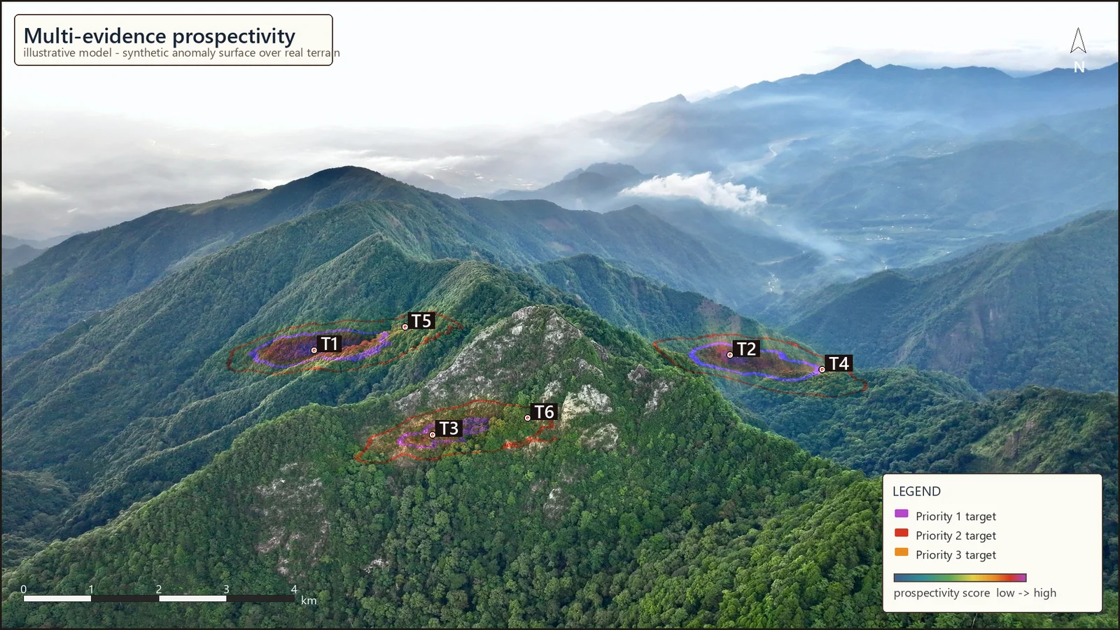 Illustrative 3D prospectivity terrain model — synthetic ranked targets and geological structures draped over terrain